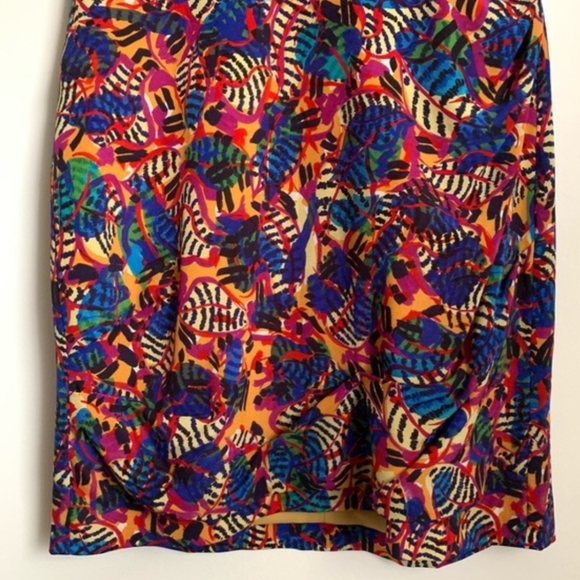 SALONI Silk Mini Dress XS - Gold Multicolor Floral Banana Leaf Wrap V-neck - Picture 13 of 16